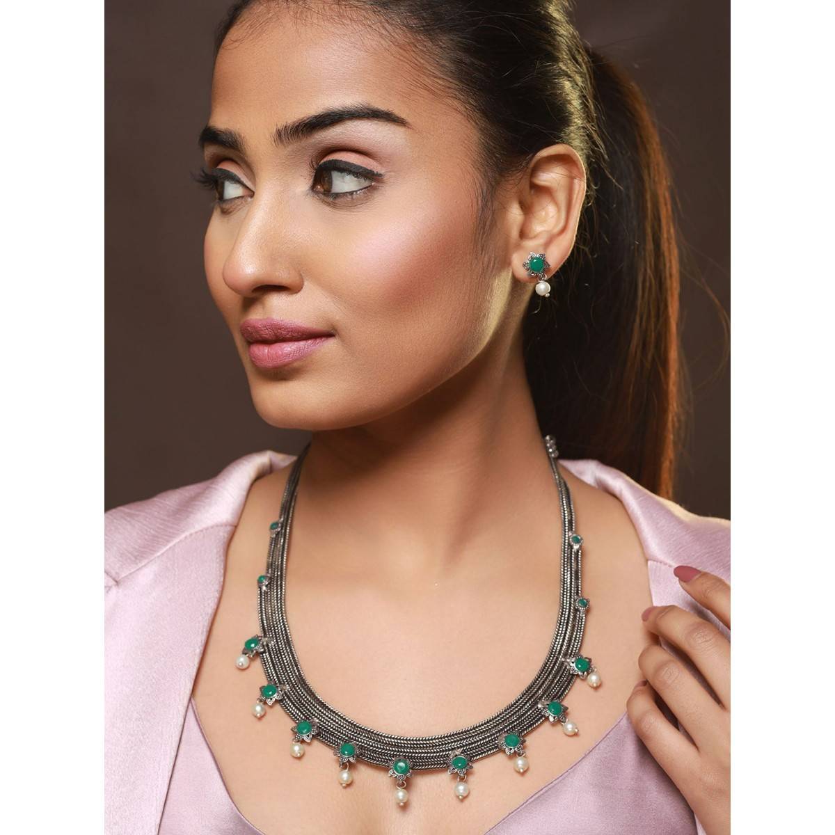 Aatmana Oxidised Silver Tone Green Stone Studded & Pearl Beaded Jewellery Set