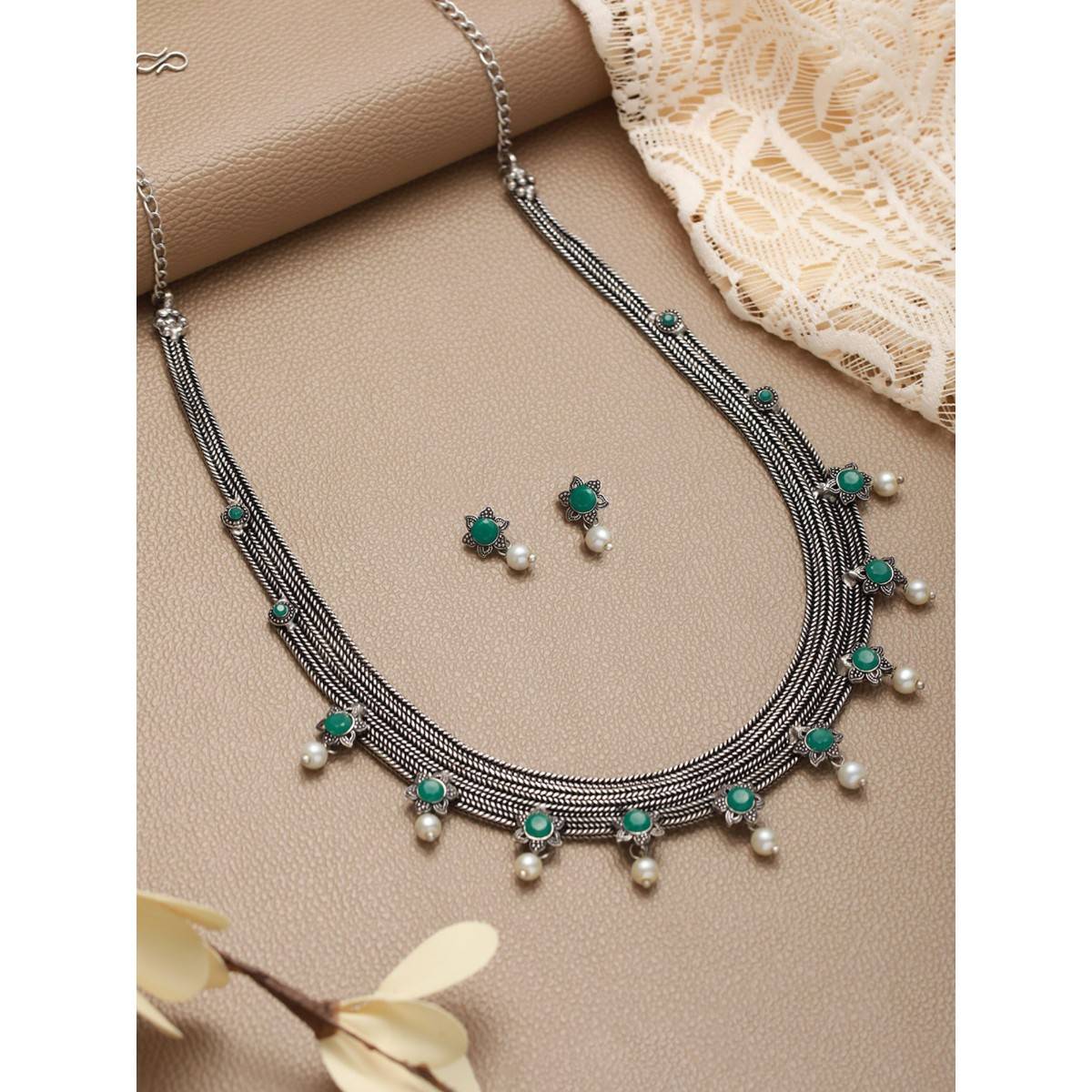 Aatmana Oxidised Silver Tone Green Stone Studded & Pearl Beaded Jewellery Set