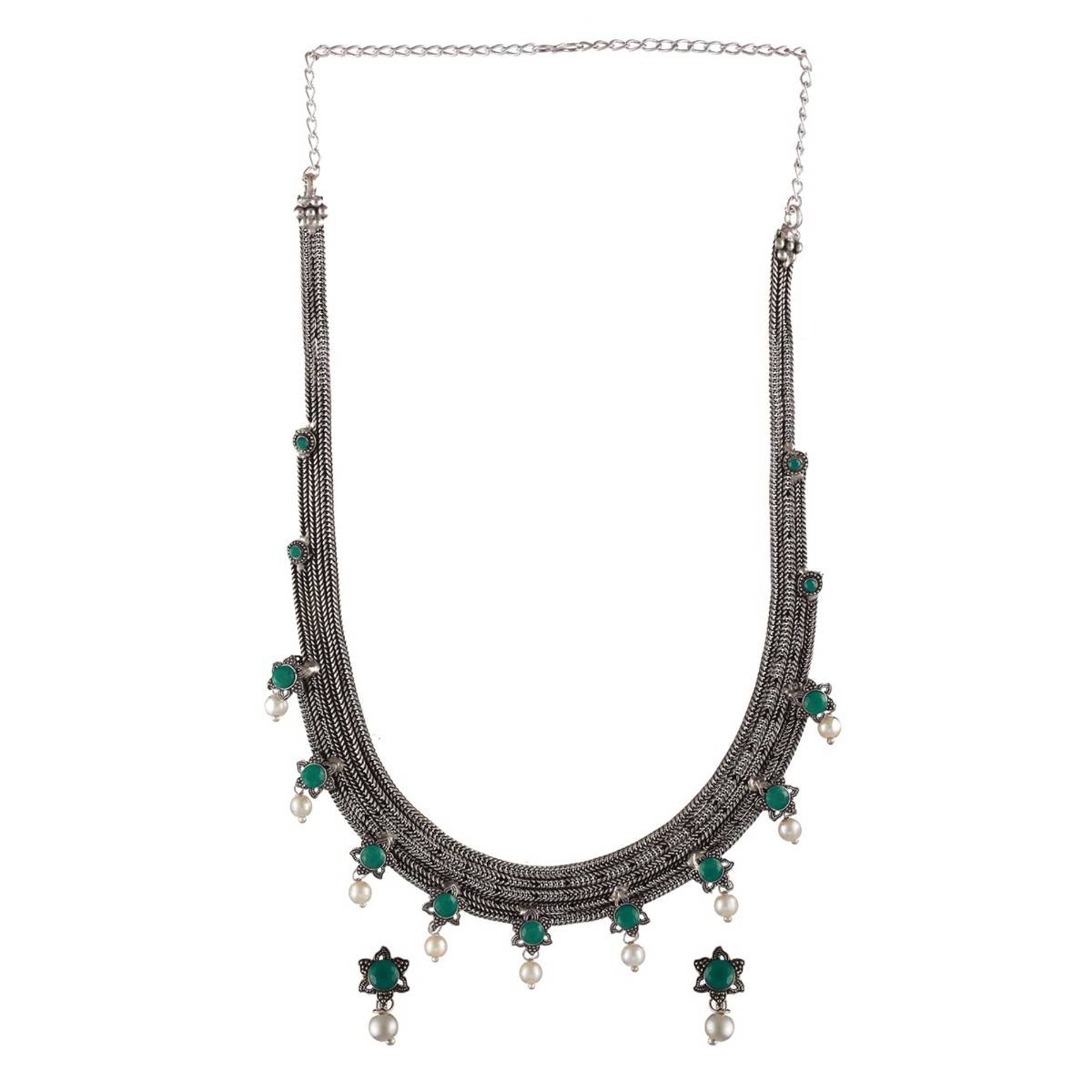 Aatmana Oxidised Silver Tone Green Stone Studded & Pearl Beaded Jewellery Set