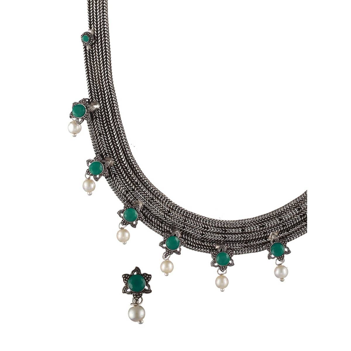 Aatmana Oxidised Silver Tone Green Stone Studded & Pearl Beaded Jewellery Set