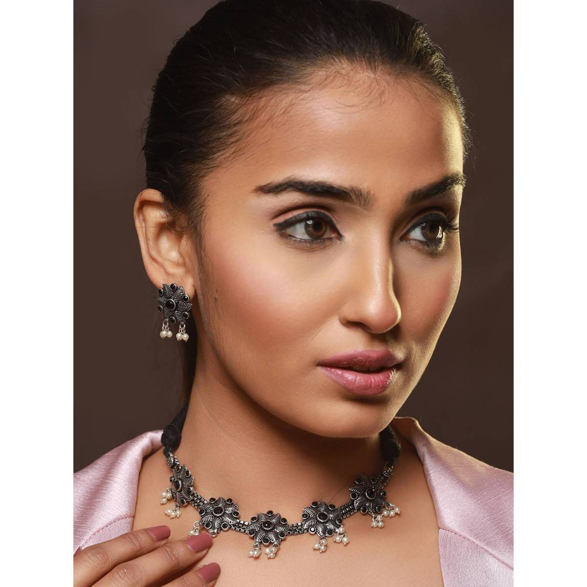 Aatmana Oxidised Silver Tone Black Stone Studded & Pearl Beaded Floral Jewellery Set