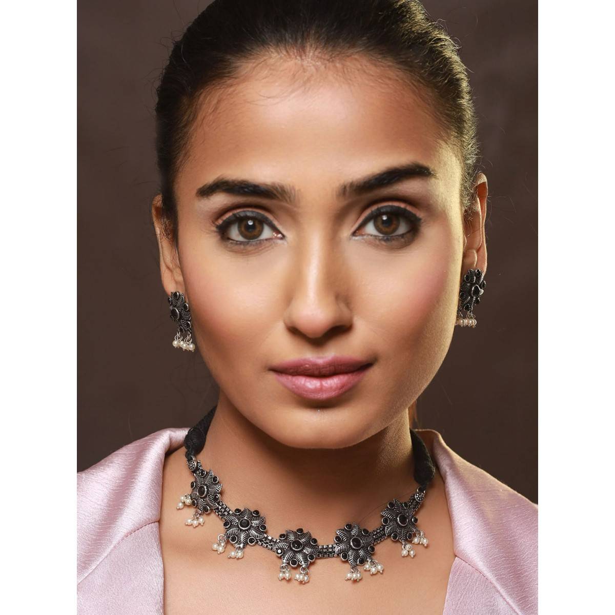 Aatmana Oxidised Silver Tone Black Stone Studded & Pearl Beaded Floral Jewellery Set