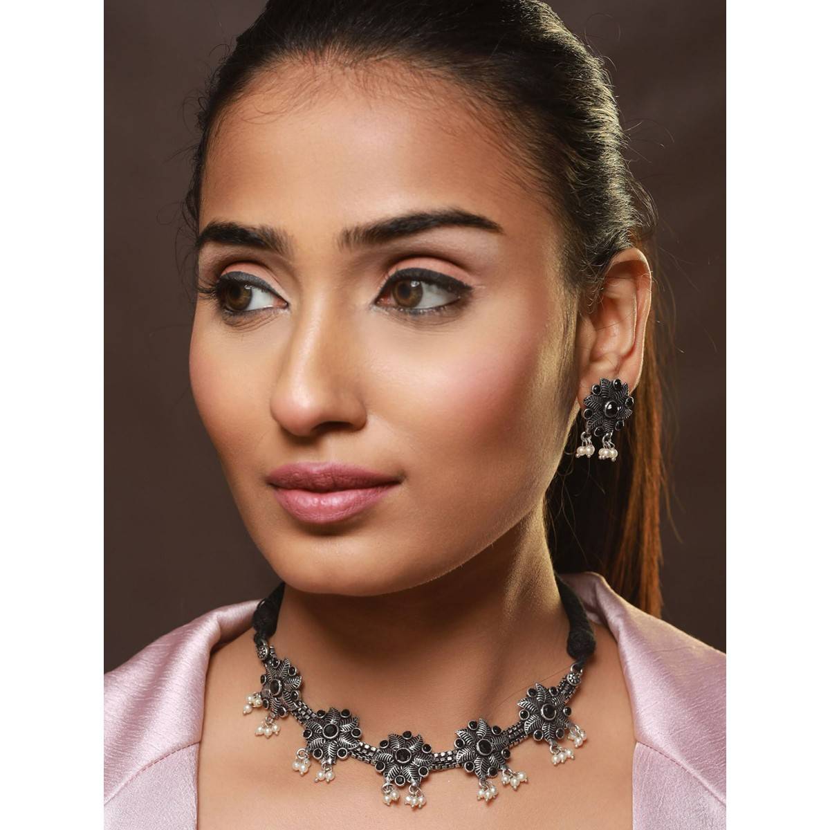 Aatmana Oxidised Silver Tone Black Stone Studded & Pearl Beaded Floral Jewellery Set