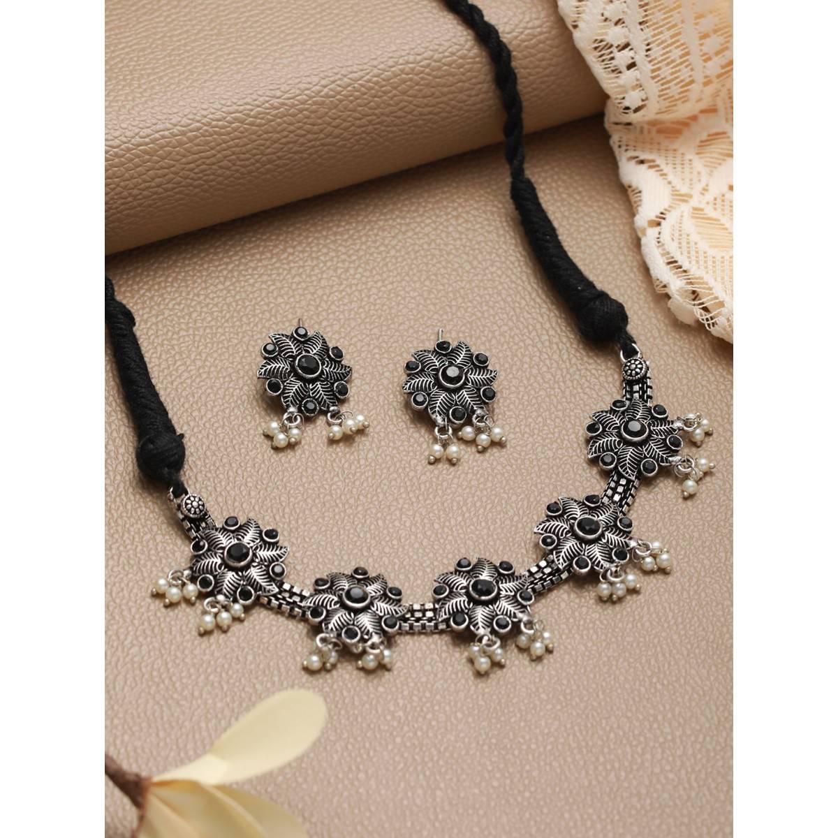 Aatmana Oxidised Silver Tone Black Stone Studded & Pearl Beaded Floral Jewellery Set