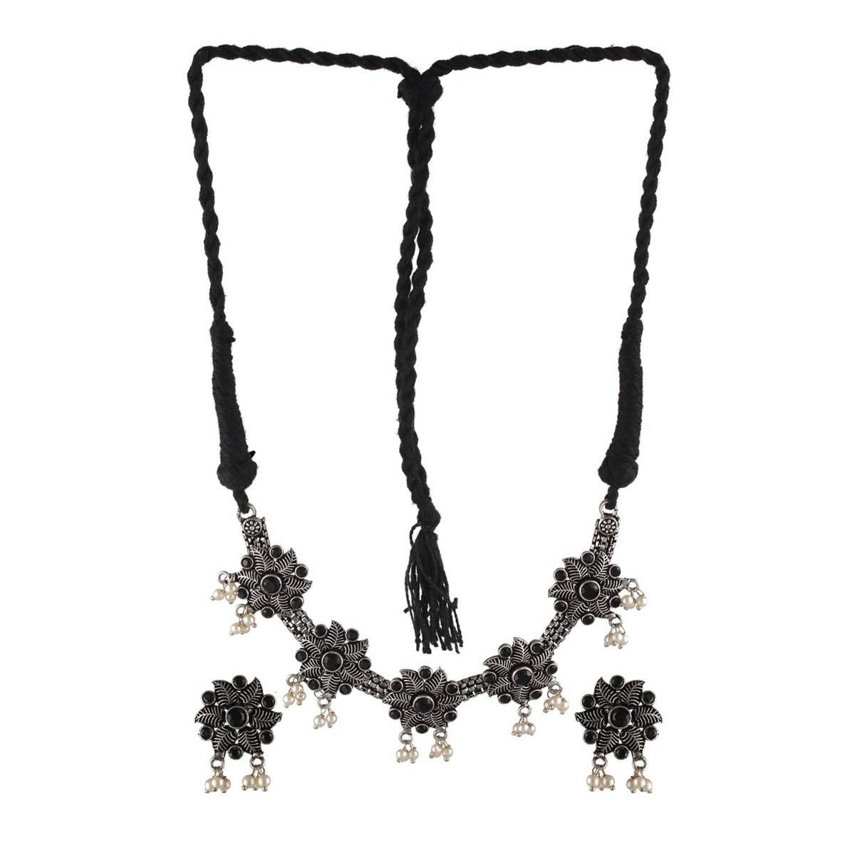 Aatmana Oxidised Silver Tone Black Stone Studded & Pearl Beaded Floral Jewellery Set