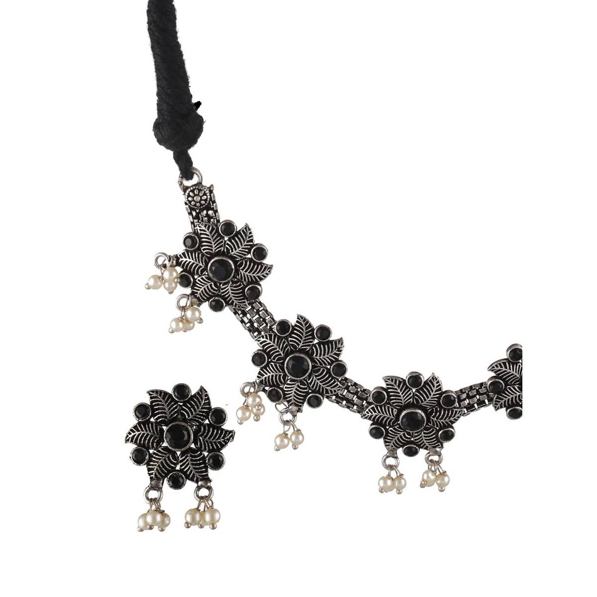 Aatmana Oxidised Silver Tone Black Stone Studded & Pearl Beaded Floral Jewellery Set
