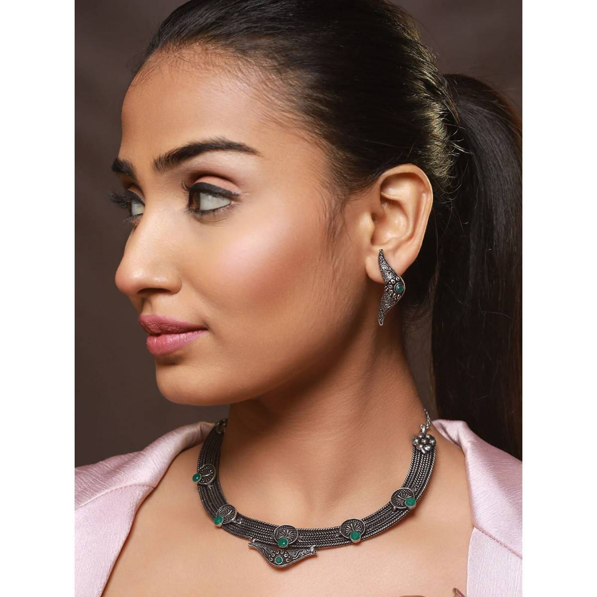Aatmana Oxidised Silver Tone Green Stone Studded Filgree Jewellery Set · One Size