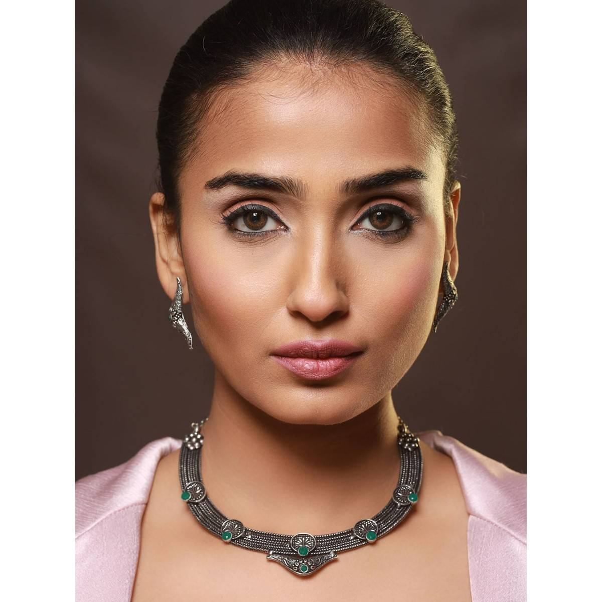Aatmana Oxidised Silver Tone Green Stone Studded Filgree Jewellery Set · One Size