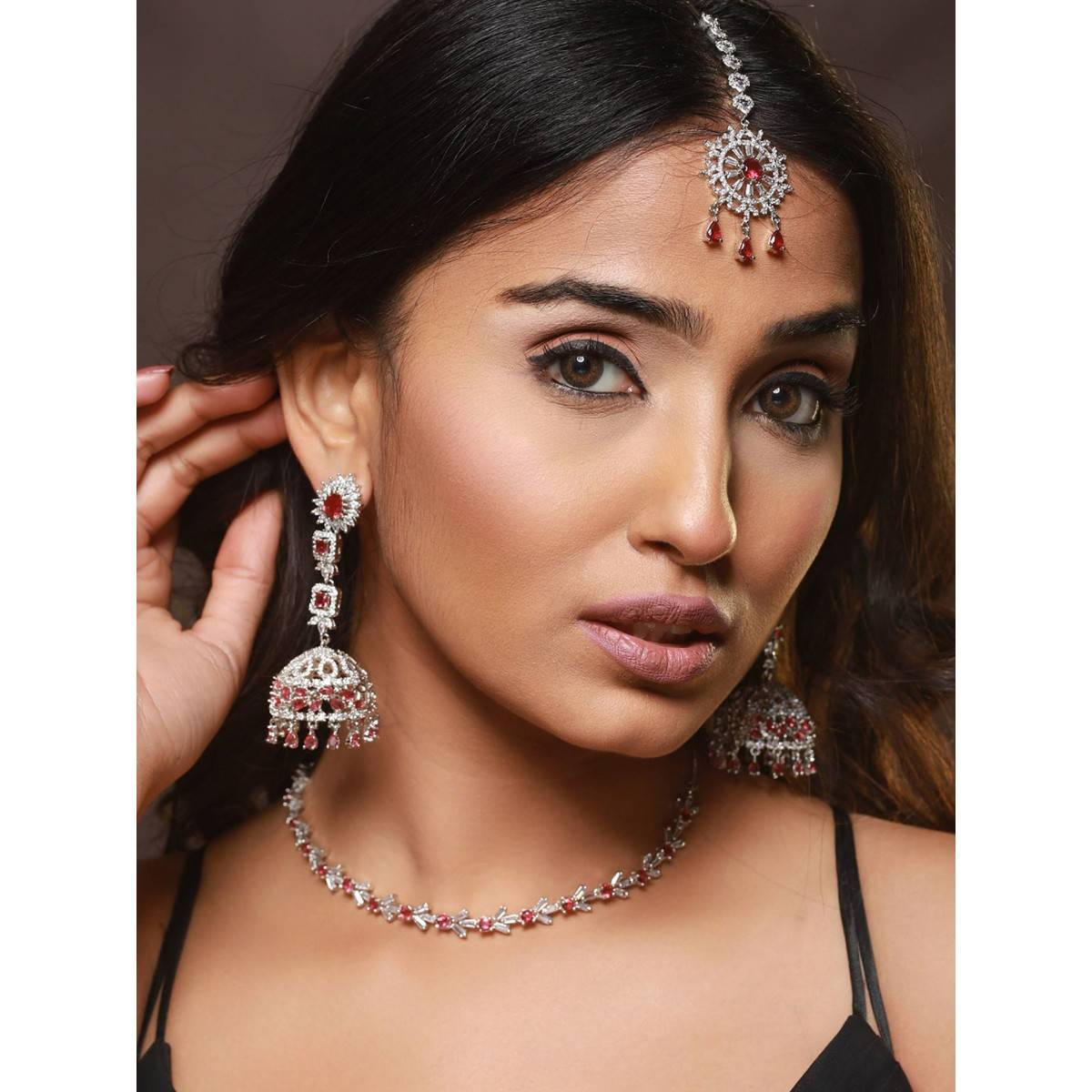 Aatmana Silver Plated Ruby American Diamond Studded Handcrafted Necklace Set with Maangtikka