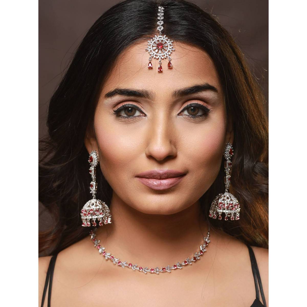 Aatmana Silver Plated Ruby American Diamond Studded Handcrafted Necklace Set with Maangtikka