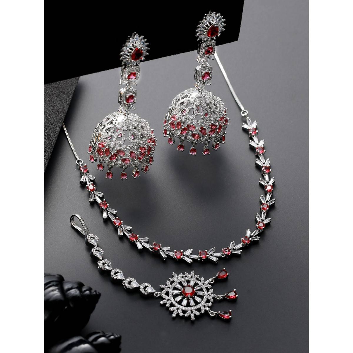 Aatmana Silver Plated Ruby American Diamond Studded Handcrafted Necklace Set with Maangtikka
