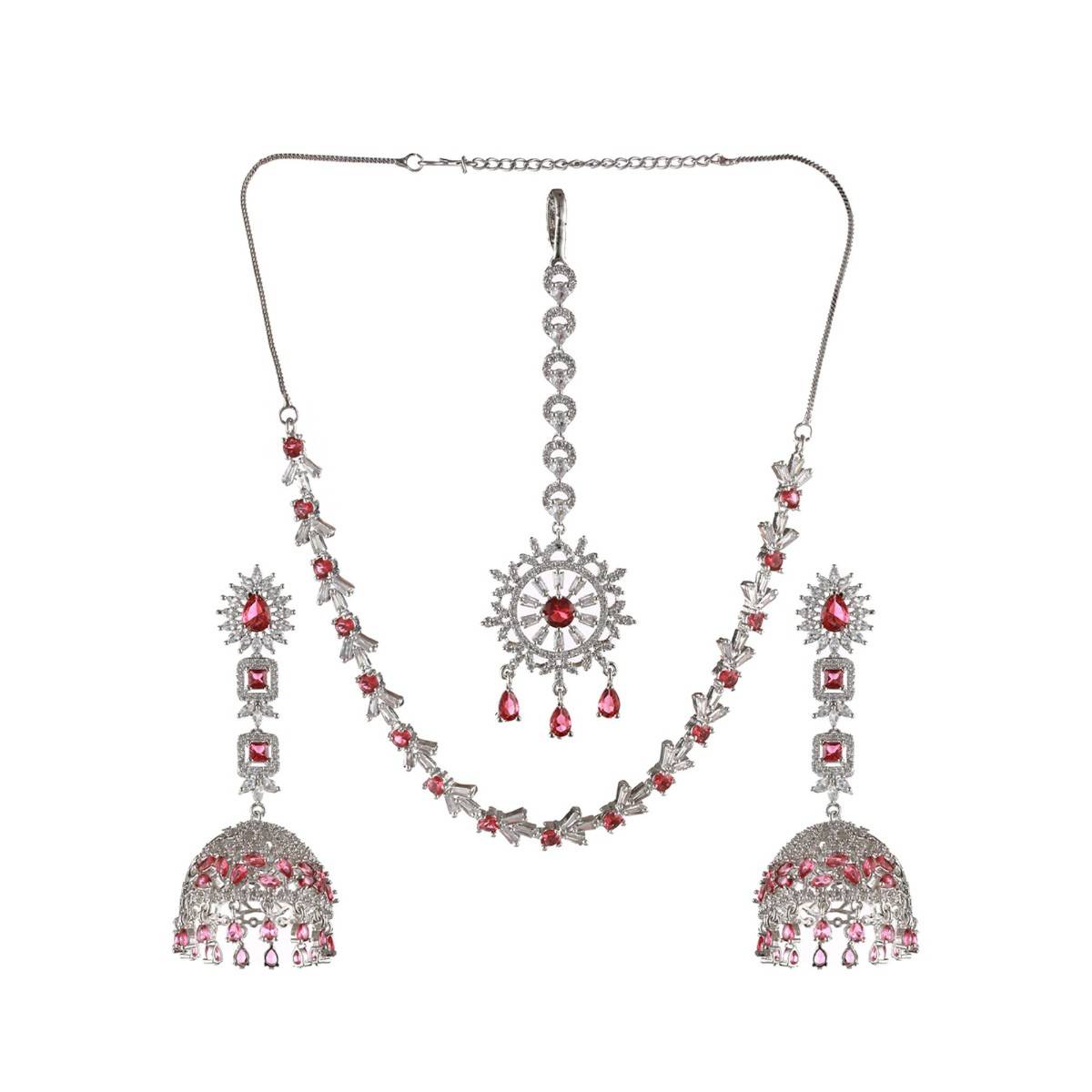 Aatmana Silver Plated Ruby American Diamond Studded Handcrafted Necklace Set with Maangtikka