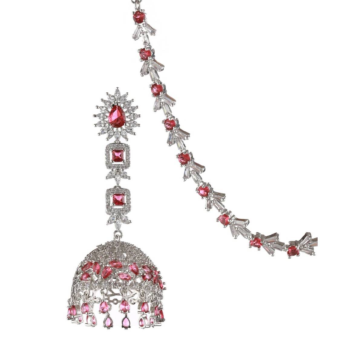 Aatmana Silver Plated Ruby American Diamond Studded Handcrafted Necklace Set with Maangtikka