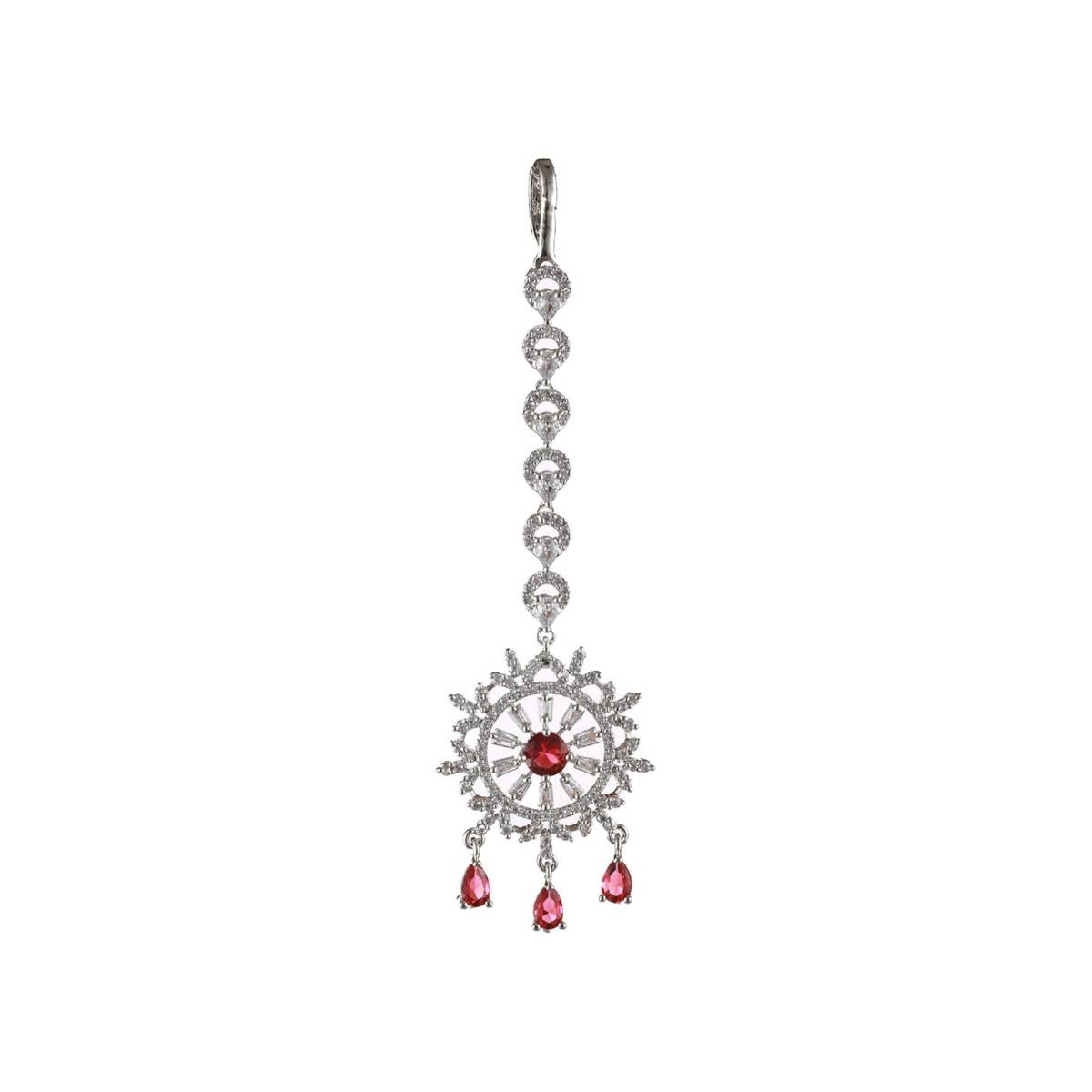 Aatmana Silver Plated Ruby American Diamond Studded Handcrafted Necklace Set with Maangtikka
