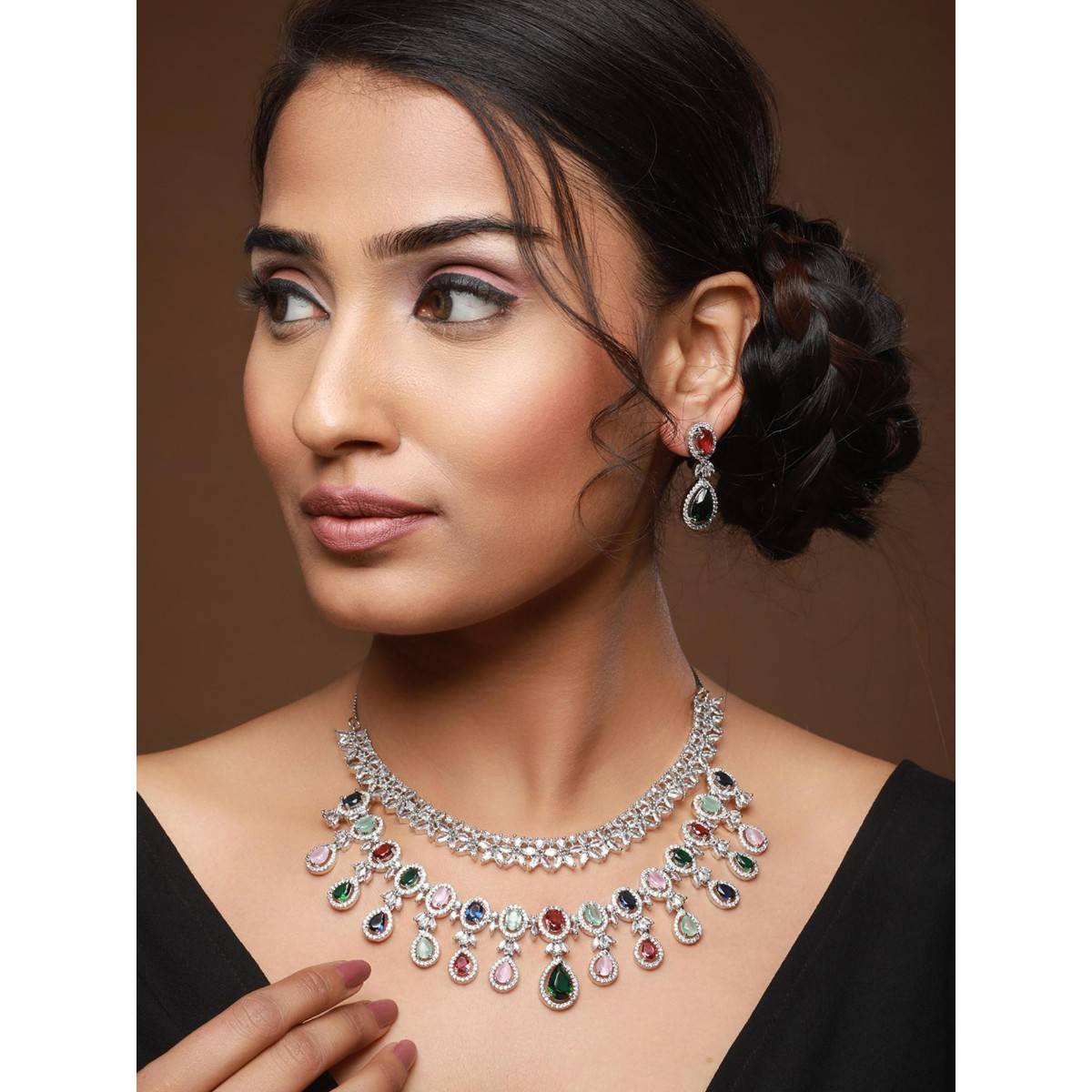 Aatmana Silver Plated Multicolor AD Stone Studded Jewellery Set