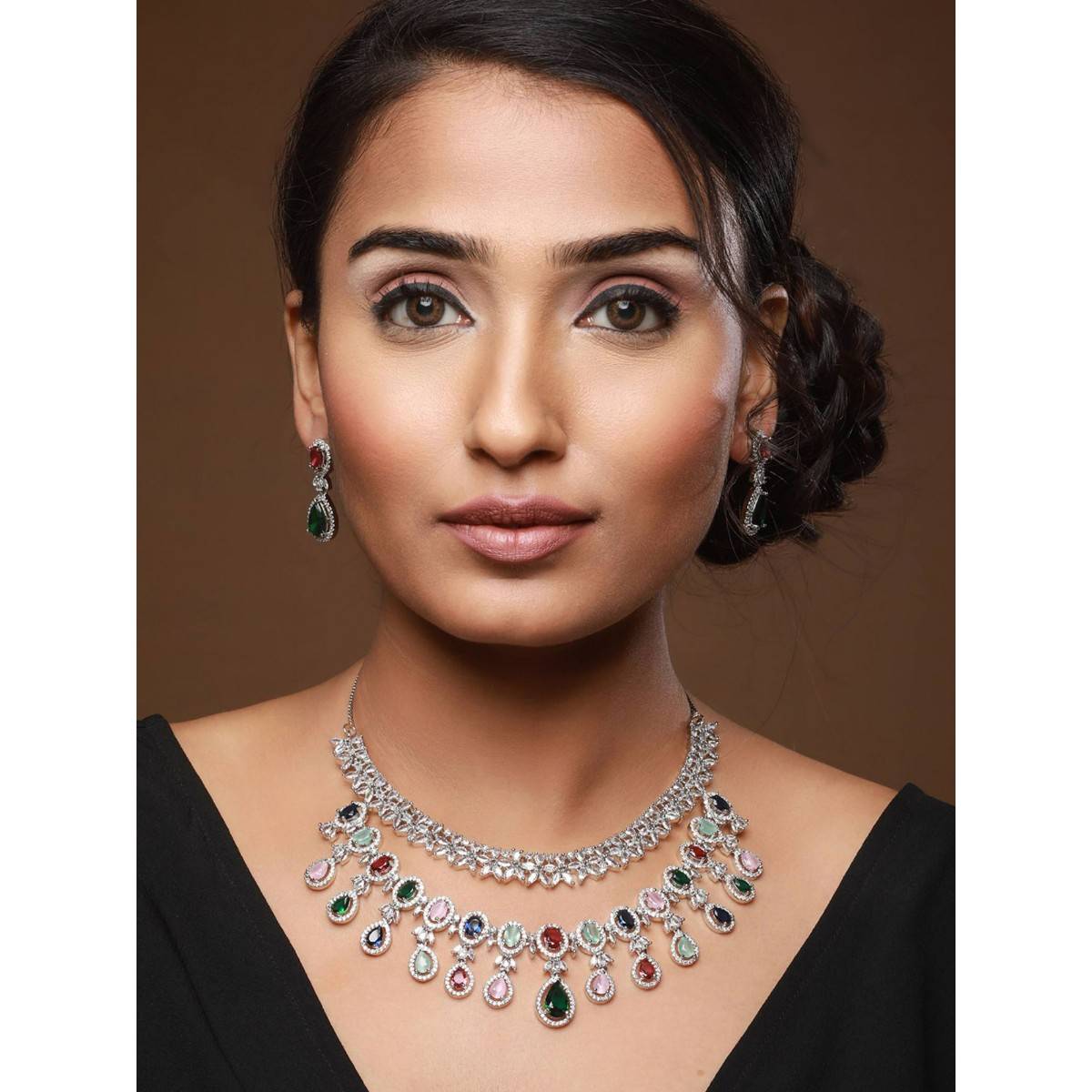 Aatmana Silver Plated Multicolor AD Stone Studded Jewellery Set