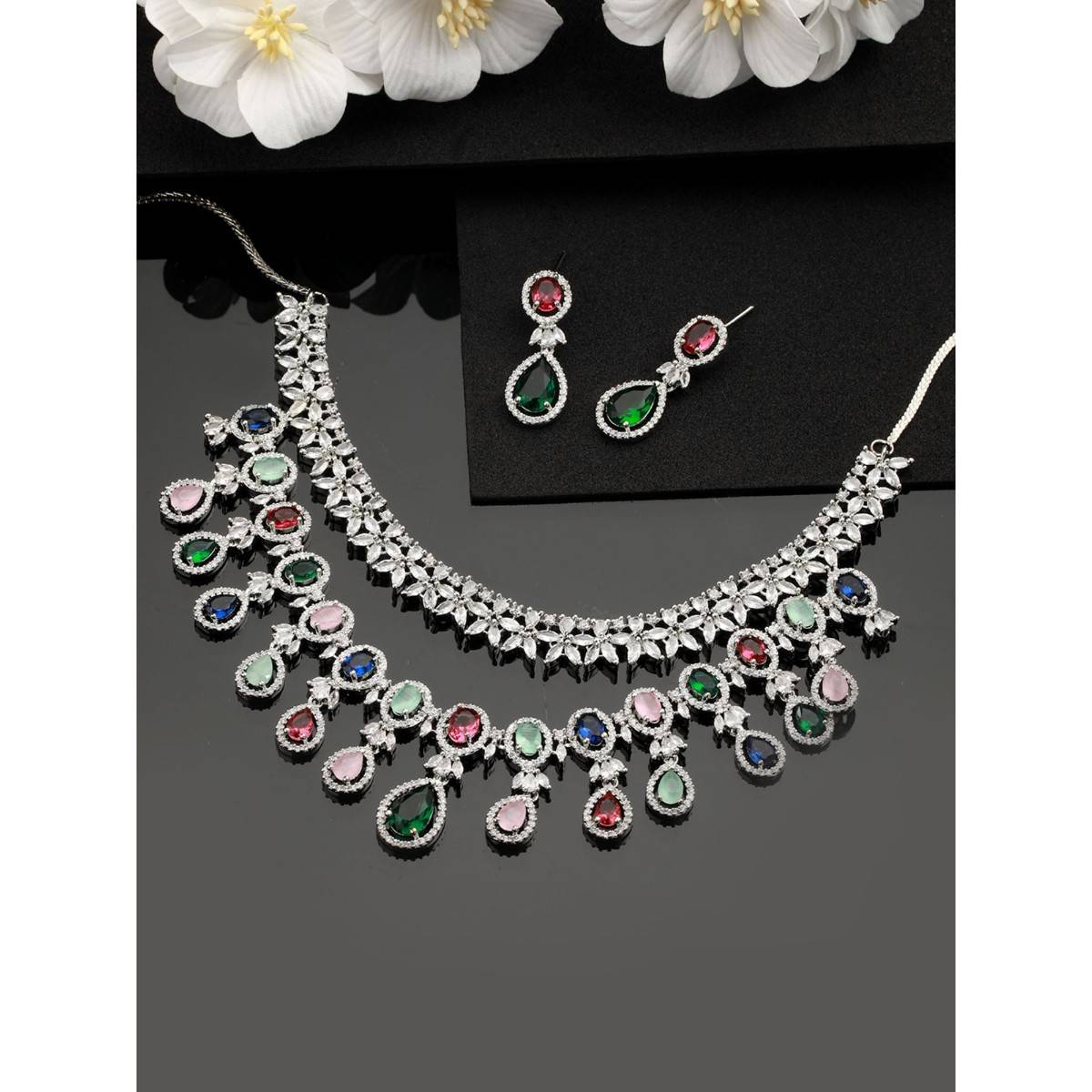 Aatmana Silver Plated Multicolor AD Stone Studded Jewellery Set