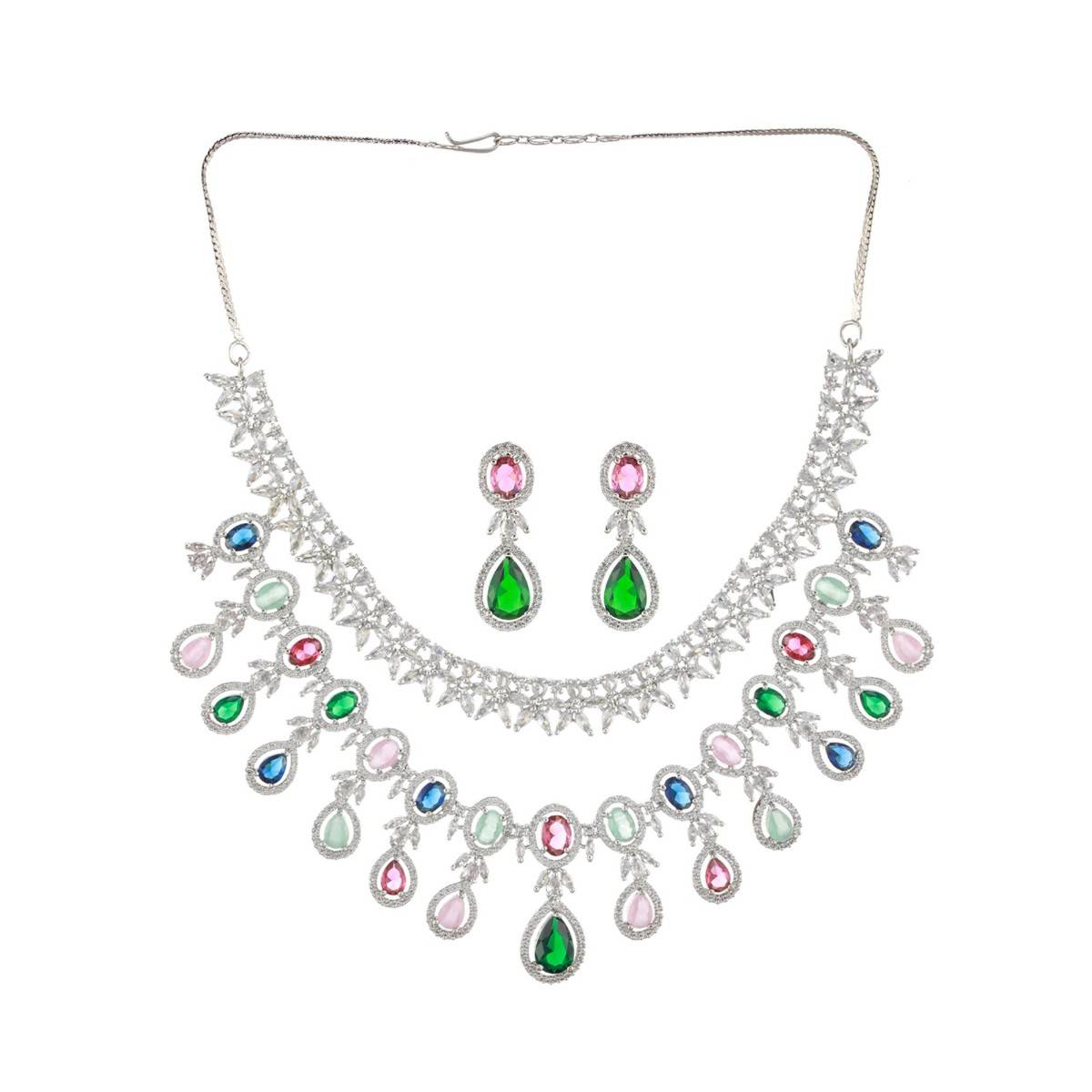 Aatmana Silver Plated Multicolor AD Stone Studded Jewellery Set