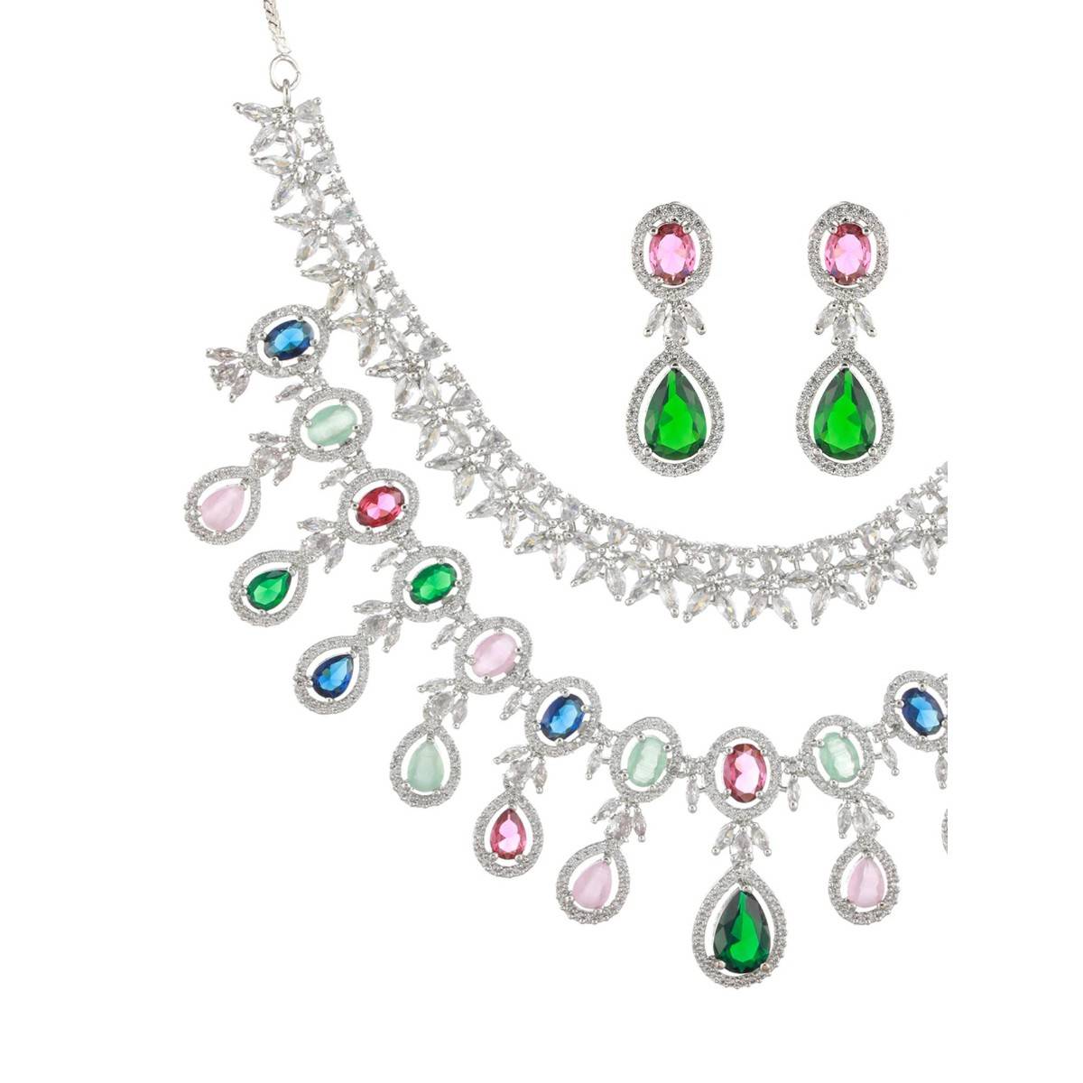 Aatmana Silver Plated Multicolor AD Stone Studded Jewellery Set