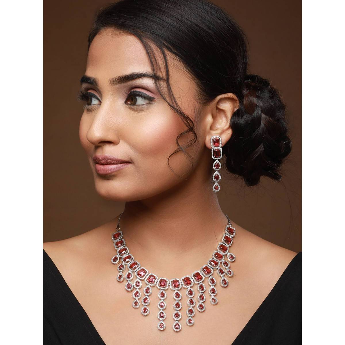 Aatmana Women Silver Plated & Pink CZ Stone Emerald Handcrafted Jewellery Set · One Size