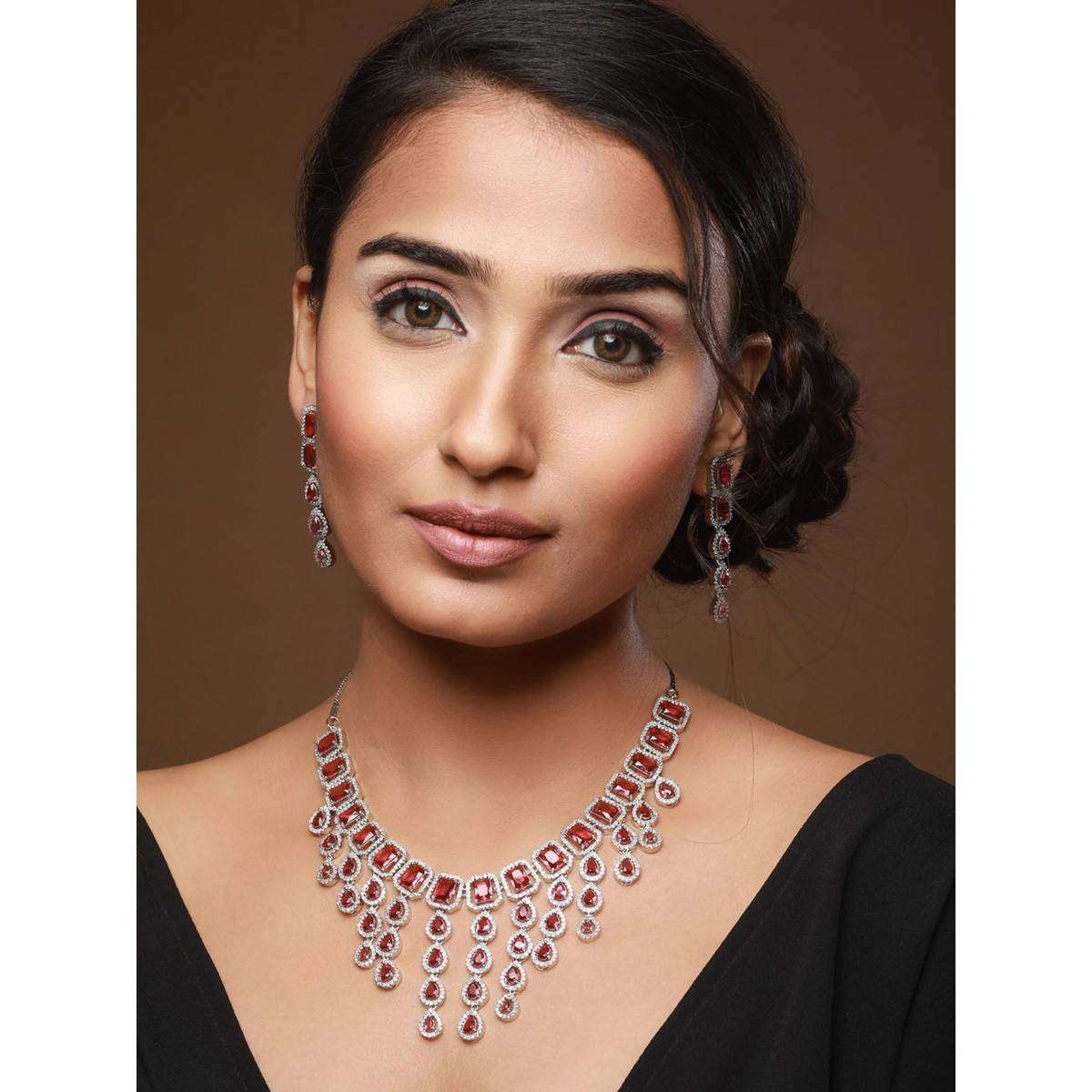 Aatmana Women Silver Plated & Pink CZ Stone Emerald Handcrafted Jewellery Set