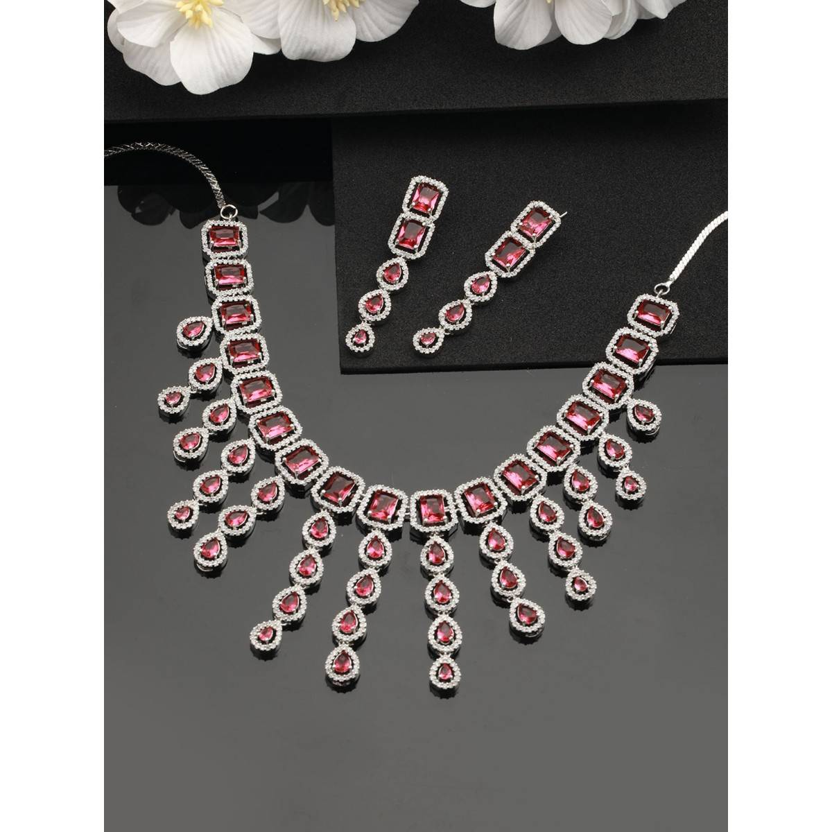 Aatmana Women Silver Plated & Pink CZ Stone Emerald Handcrafted Jewellery Set