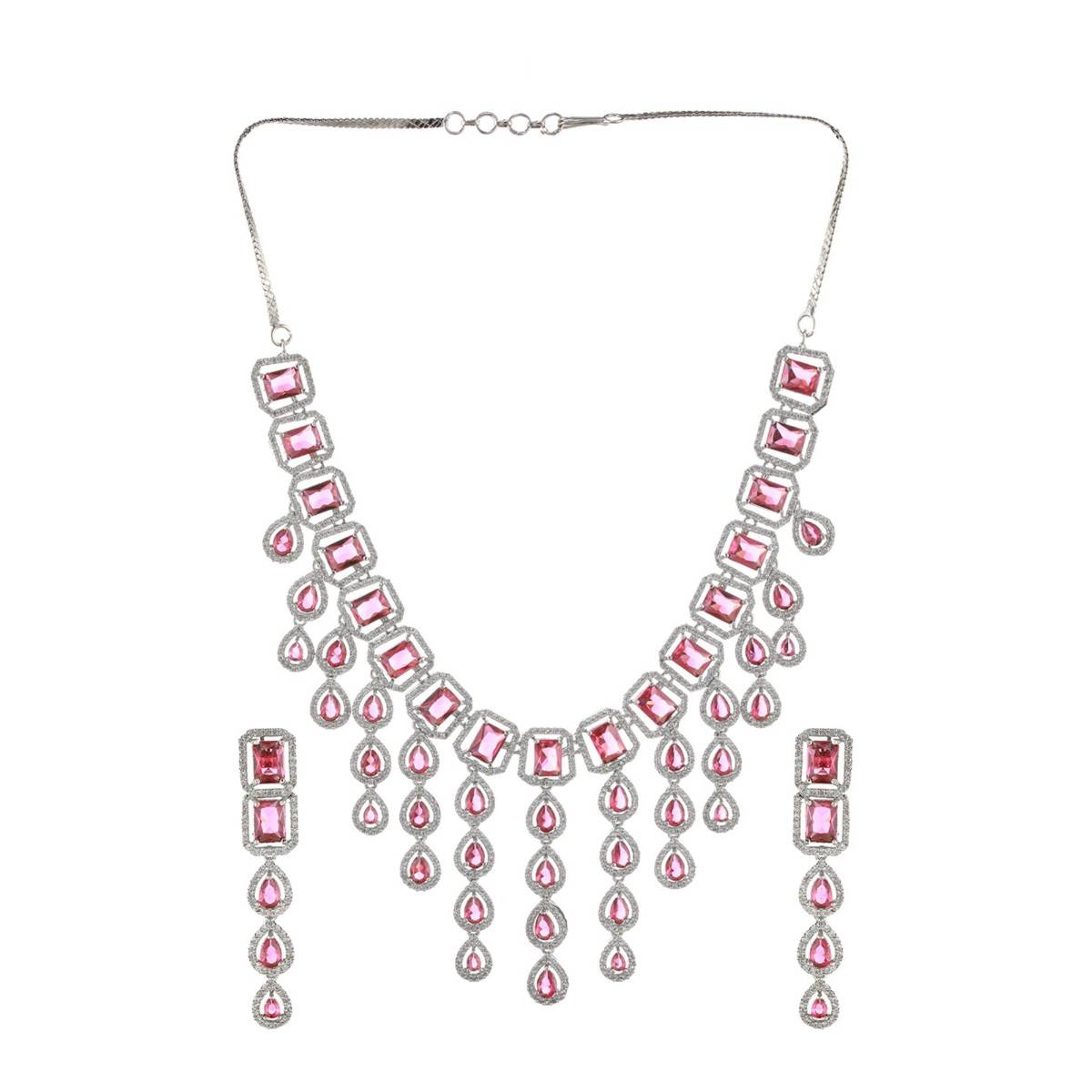 Aatmana Women Silver Plated & Pink CZ Stone Emerald Handcrafted Jewellery Set