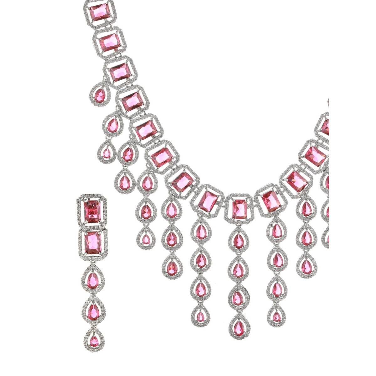 Aatmana Women Silver Plated & Pink CZ Stone Emerald Handcrafted Jewellery Set