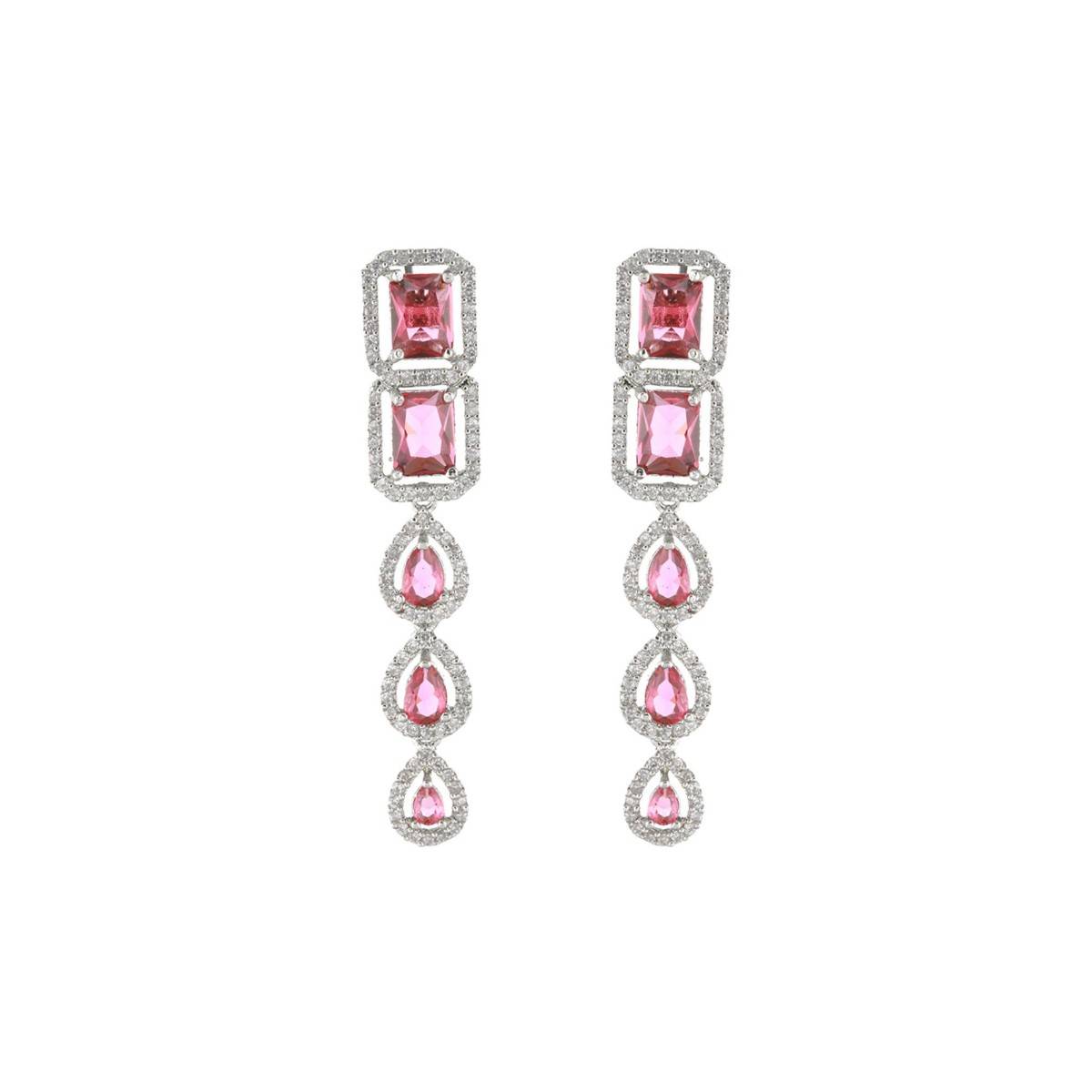 Aatmana Women Silver Plated & Pink CZ Stone Emerald Handcrafted Jewellery Set