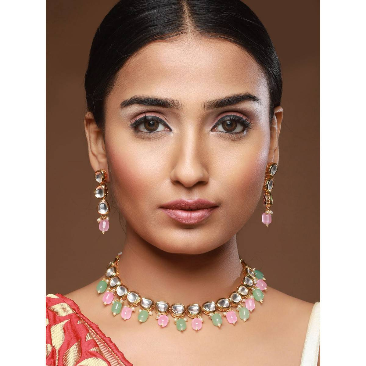 Aatmana Gold Plated Pink & Green Kundan Studded Jewellery Set