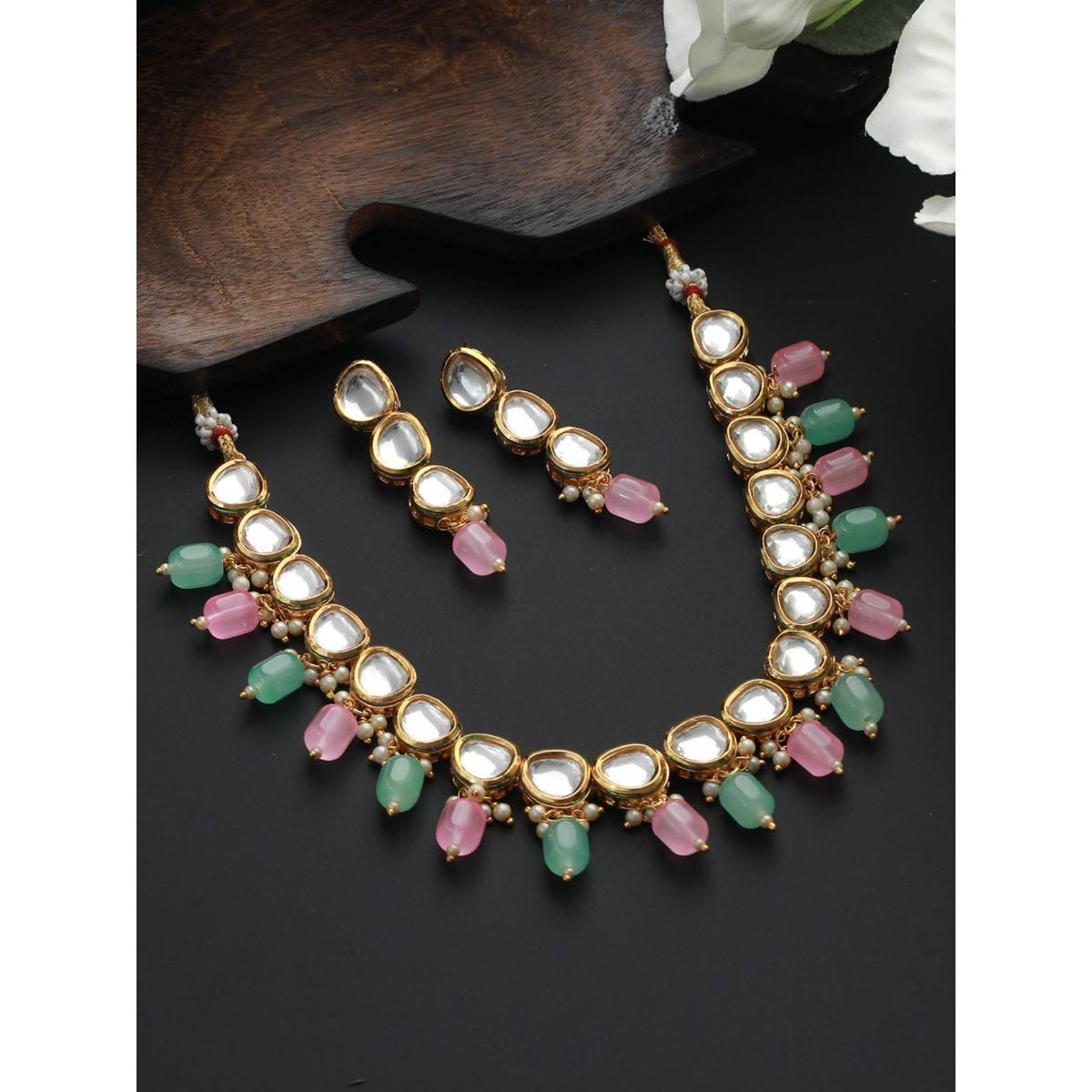 Aatmana Gold Plated Pink & Green Kundan Studded Jewellery Set