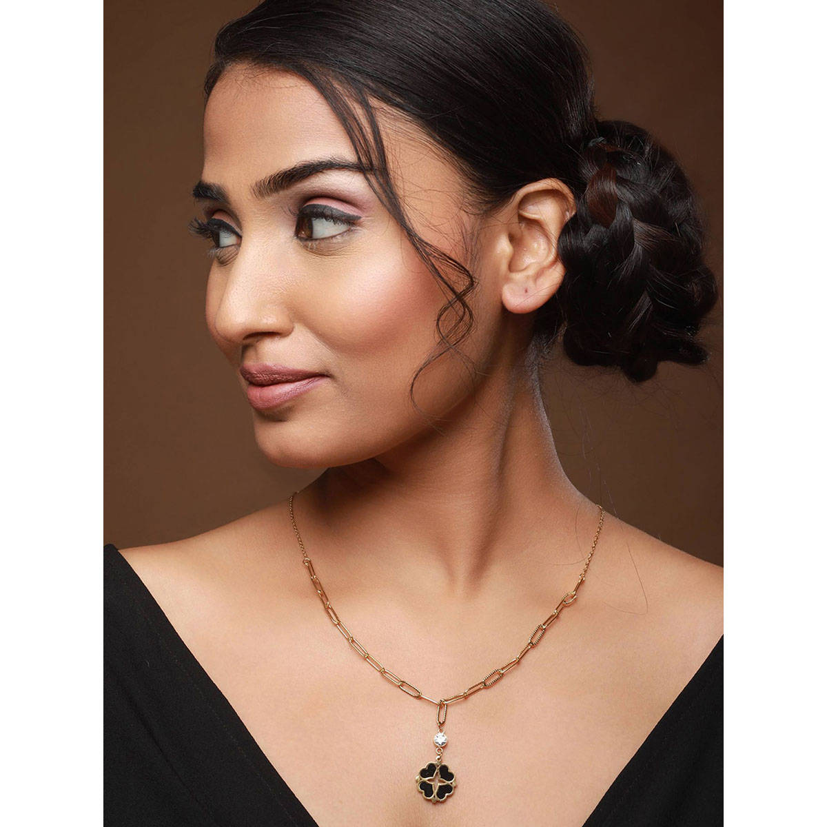 Aatmana Black Gold-Plated & CZ Studded Stainless Steel Heart Shaped Flower Necklace