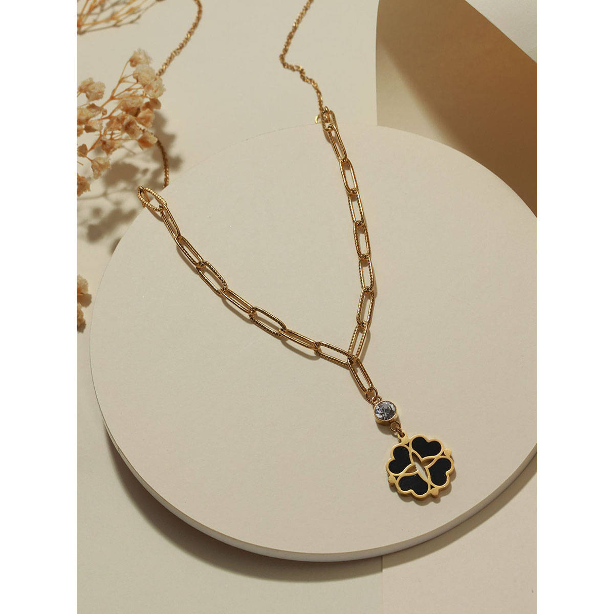 Aatmana Black Gold-Plated & CZ Studded Stainless Steel Heart Shaped Flower Necklace