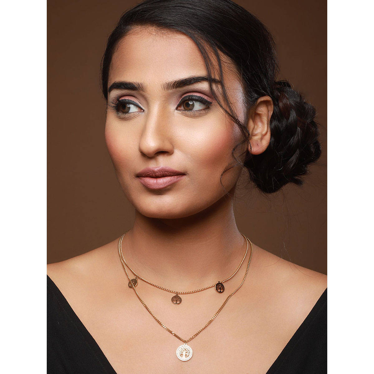 Aatmana Gold-Plated Life of Tree Stainless Steel Layered Chain Necklace