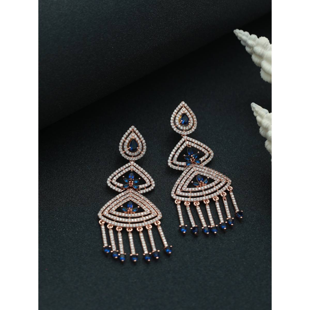 Aatmana Rose Gold Plated and Blue Contemporary Floral Drop Earrings