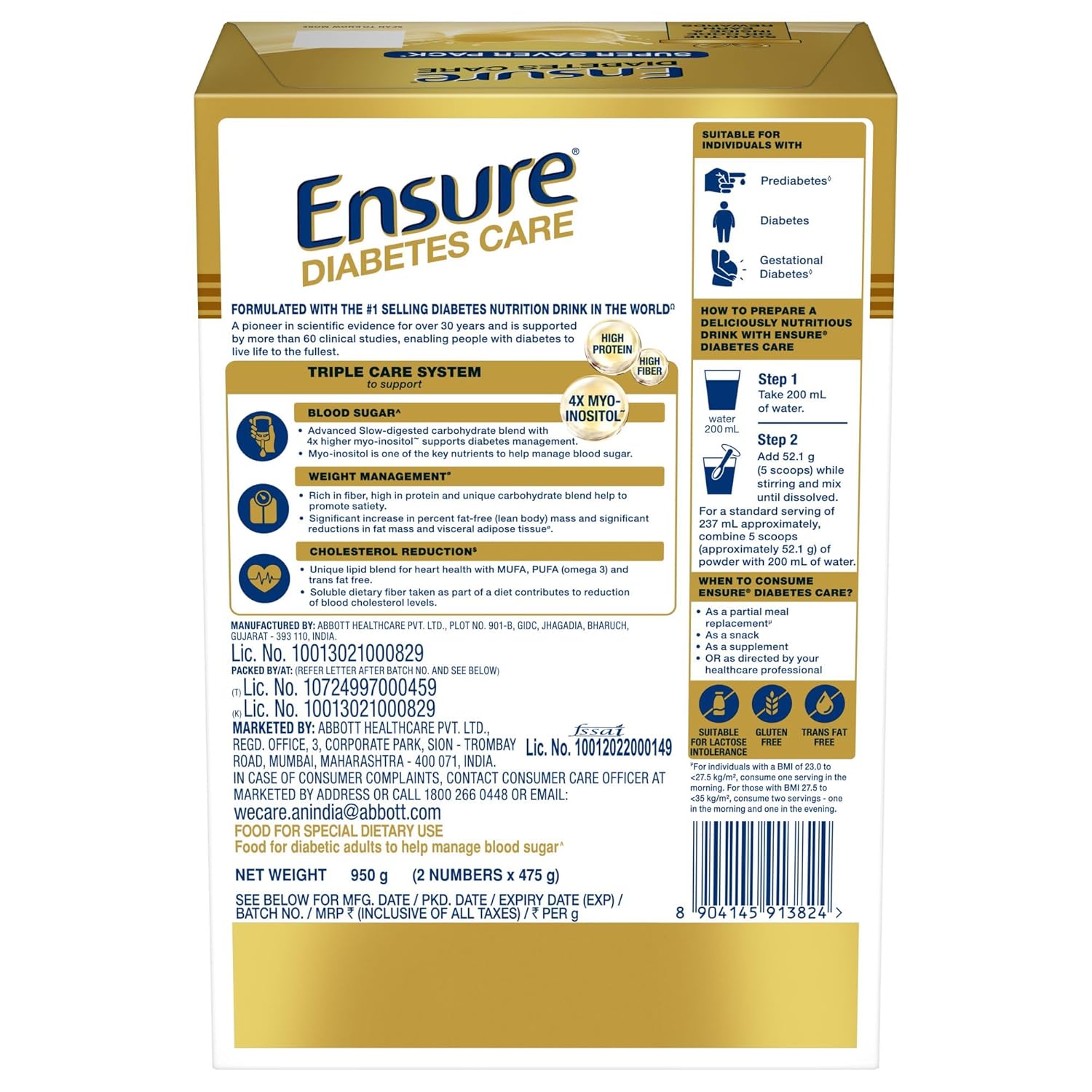 Ensure Diabetes Care - High Protein, High Fibre & 4X Myo - Inositol | Support Blood Sugar, Weight Management, Cholestrol Reduction, 950gm (Vanilla) | Zero Added Sucrose - BEAUTY BRATS