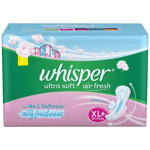 Whisper - Ultra Soft Air Fresh Sanitary Pads - With Wider & Longer Back, XL Plus, 30Pads