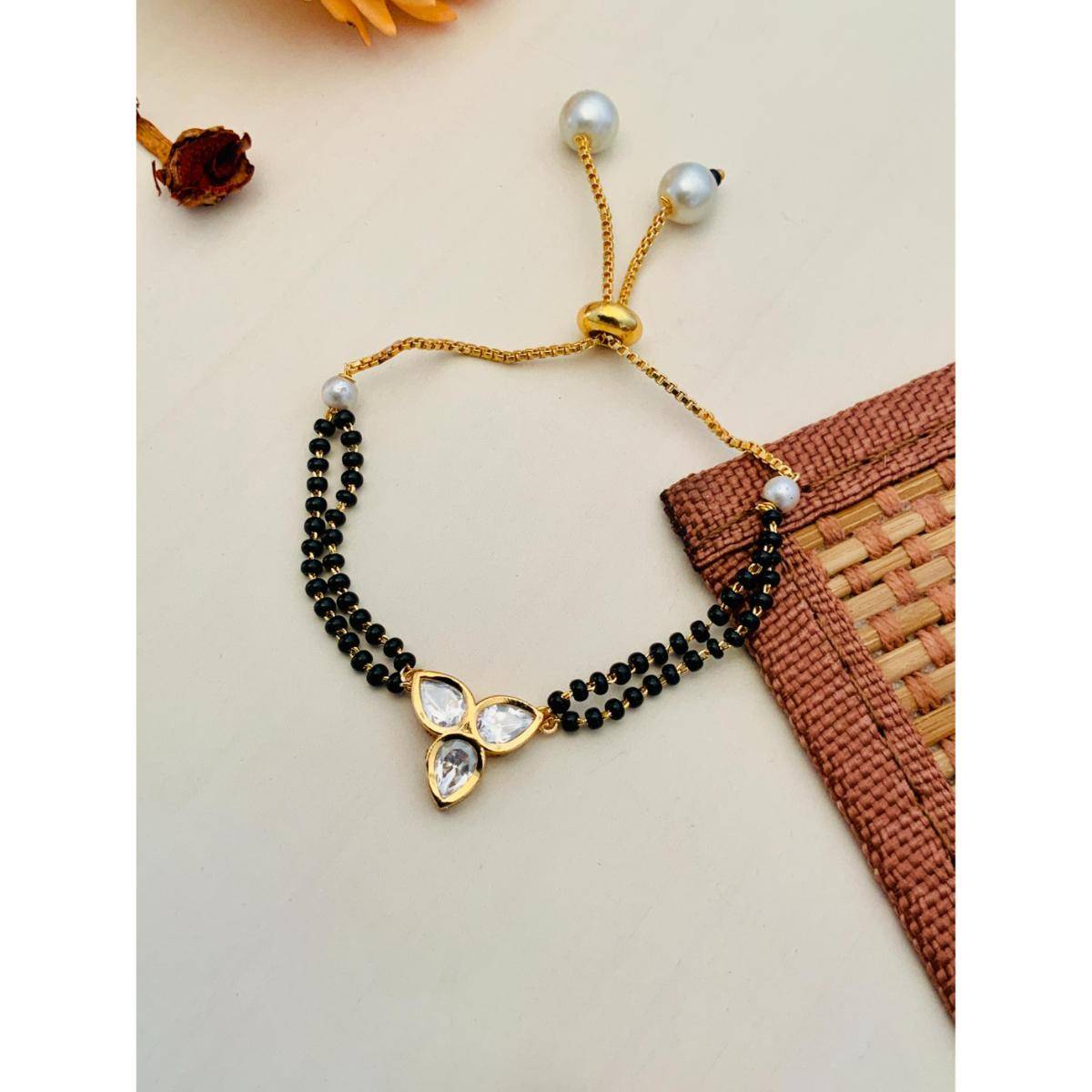 Abdesigns Beautiful Three Flower Polki Gold Plated Hand Mangalsutra
