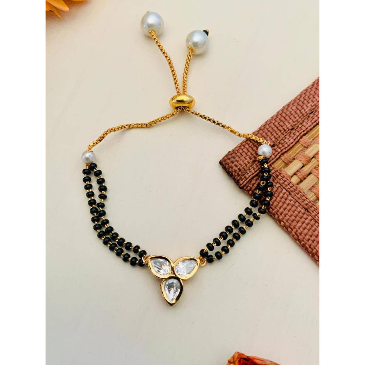 Abdesigns Beautiful Three Flower Polki Gold Plated Hand Mangalsutra
