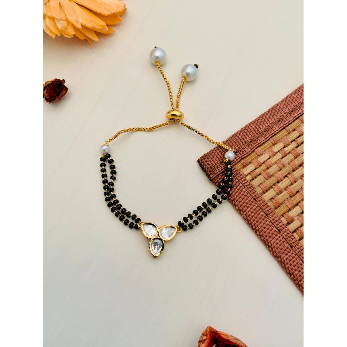 Abdesigns Beautiful Three Flower Polki Gold Plated Hand Mangalsutra