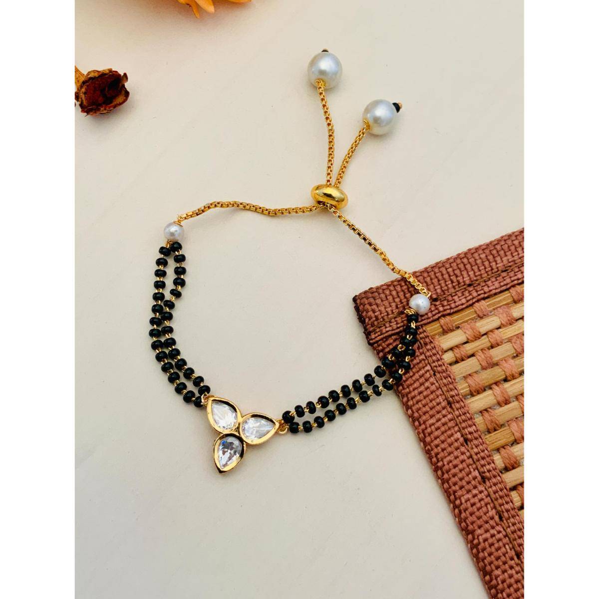 Abdesigns Beautiful Three Flower Polki Gold Plated Hand Mangalsutra