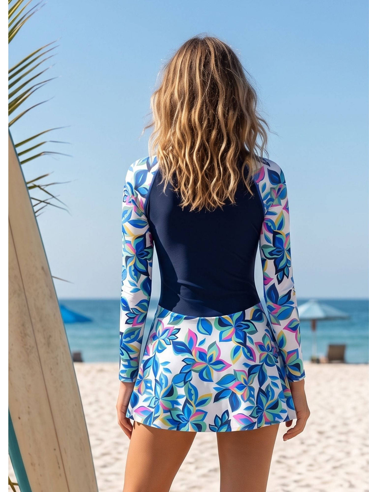 Addery Blue Tropical Floral Long Sleeve Swimsuit Dress (L) · L