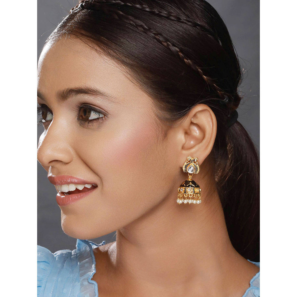 Aatmana Gold Plated Stone Studded Black Meenakari Jhumka Earrings