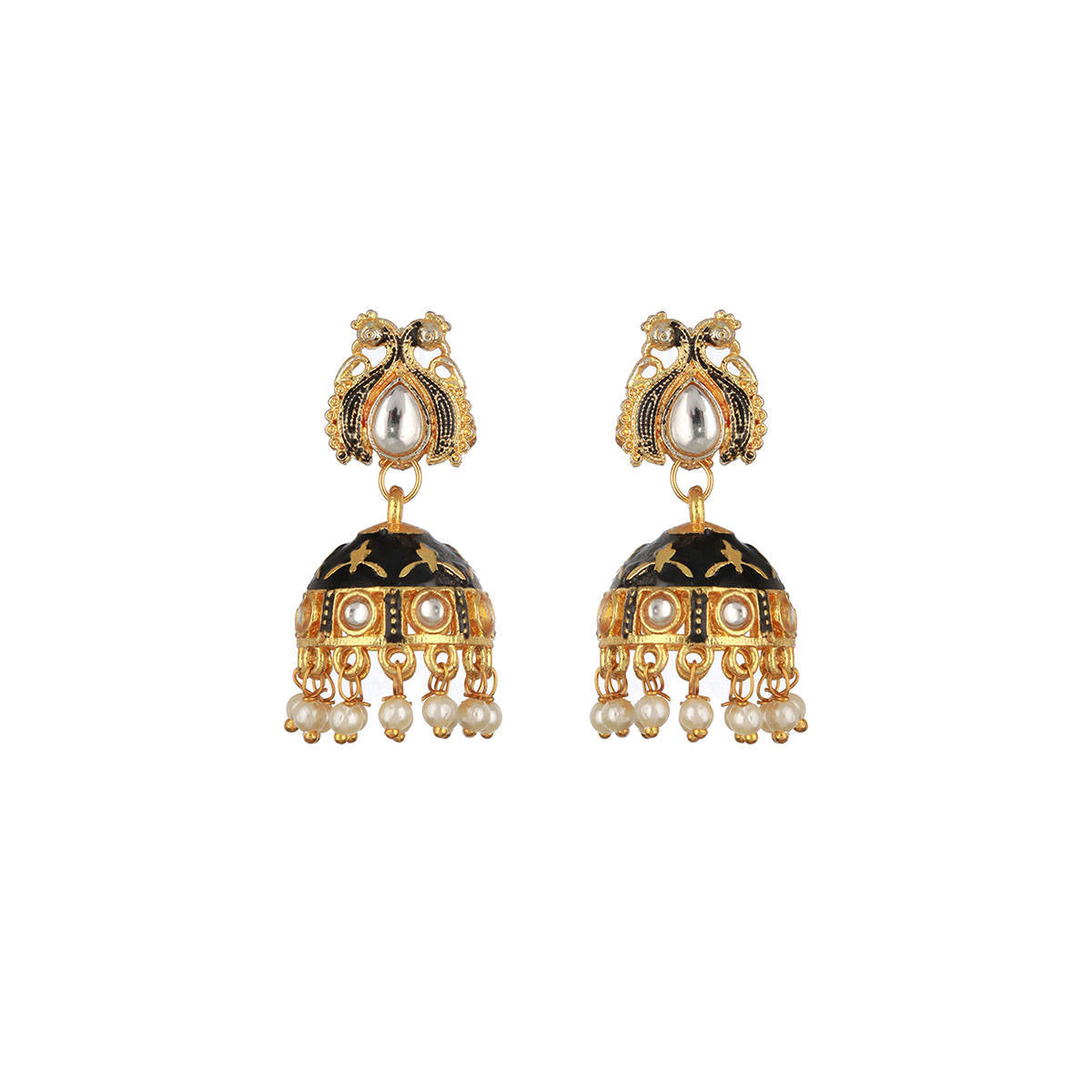 Aatmana Gold Plated Stone Studded Black Meenakari Jhumka Earrings
