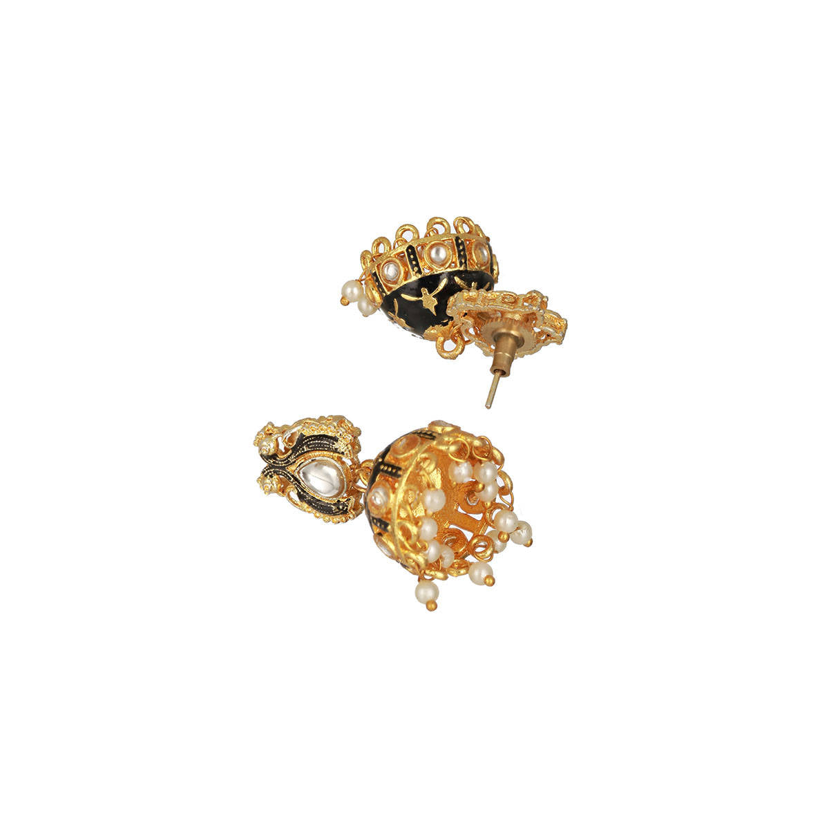 Aatmana Gold Plated Stone Studded Black Meenakari Jhumka Earrings