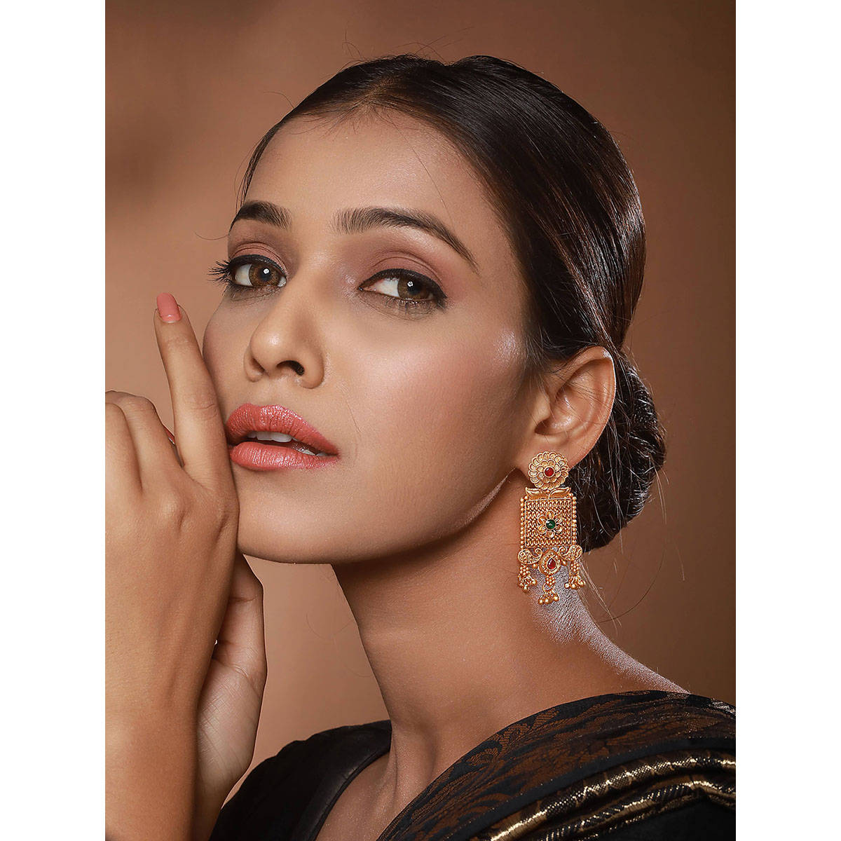 Aatmana Gold Plated Green and Red Stone-Studded Drop Earrings