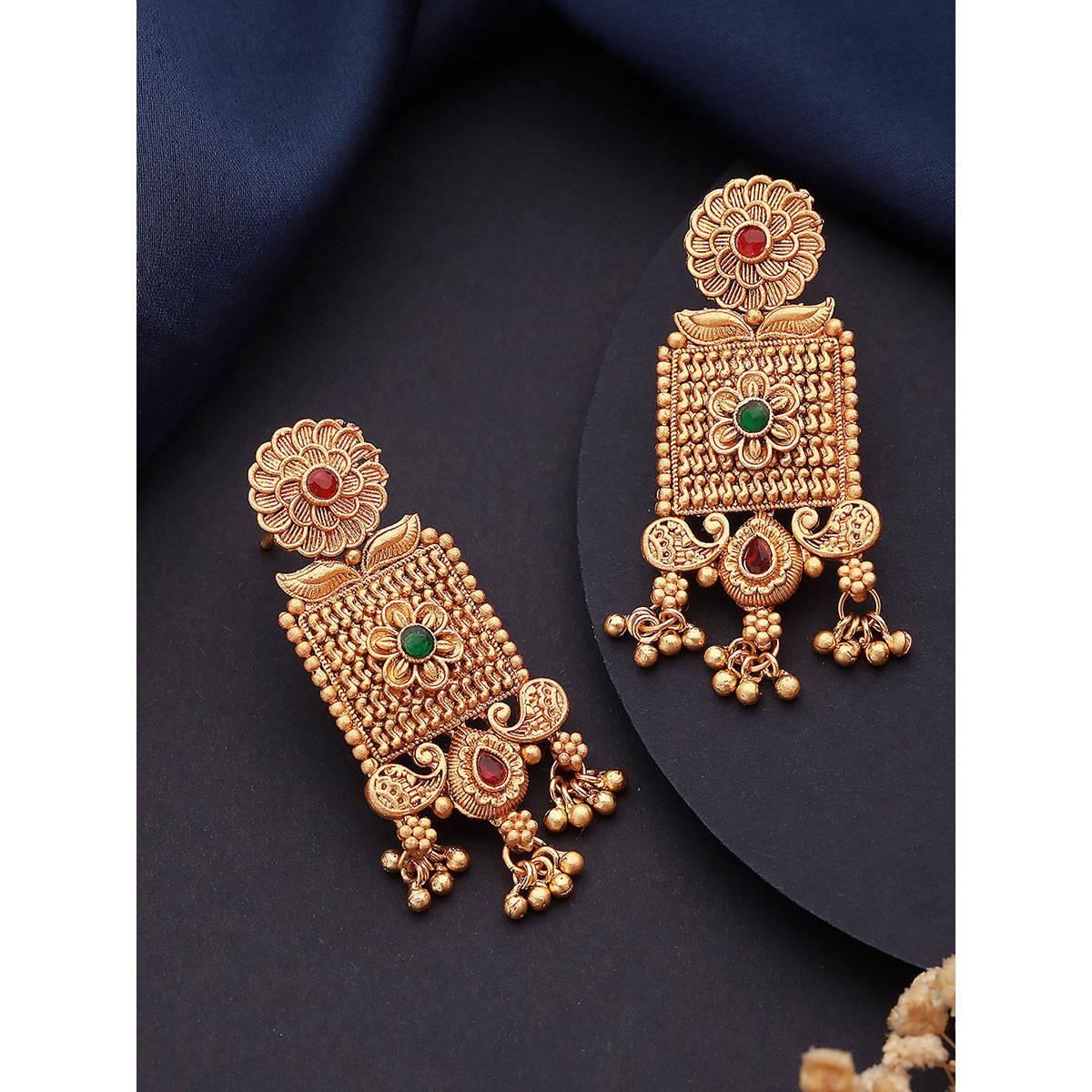 Aatmana Gold Plated Green and Red Stone-Studded Drop Earrings