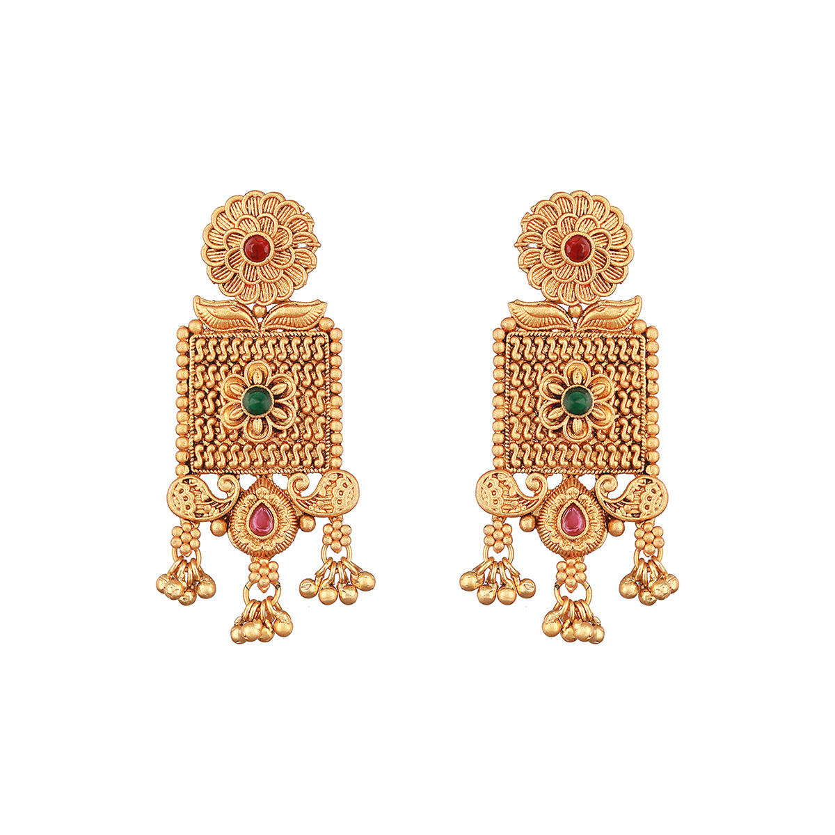 Aatmana Gold Plated Green and Red Stone-Studded Drop Earrings