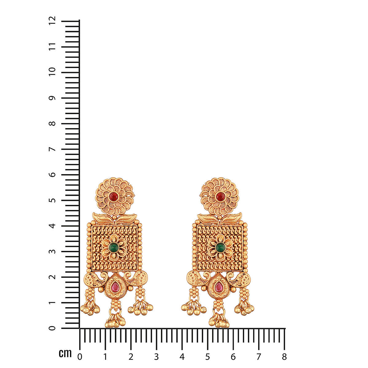 Aatmana Gold Plated Green and Red Stone-Studded Drop Earrings