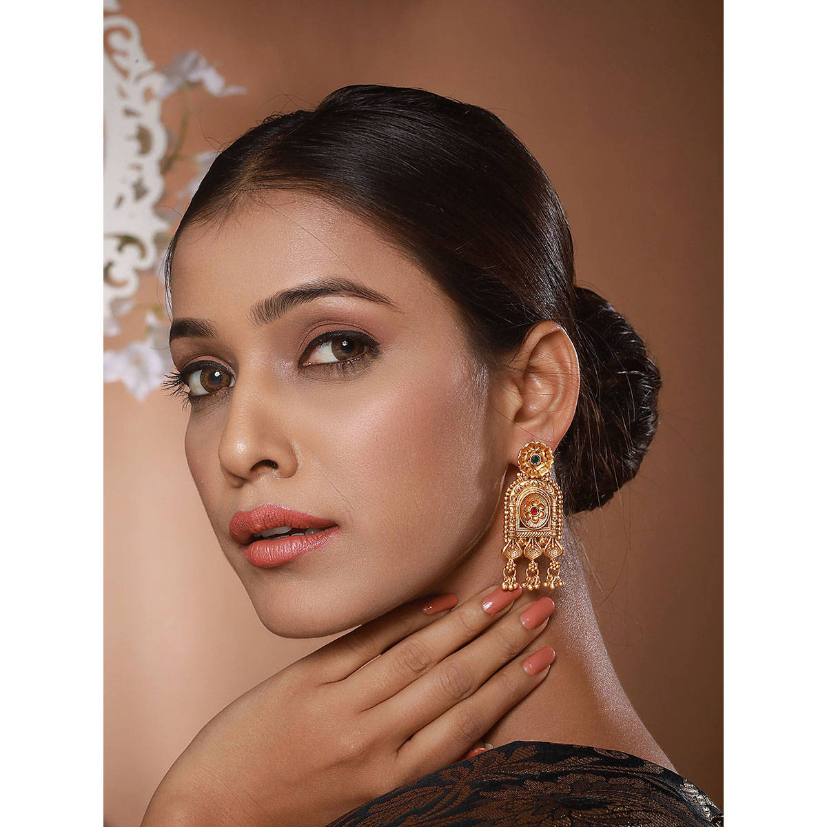 Aatmana Gold Plated Green and Red Stone-Studded Classic Drop Earrings